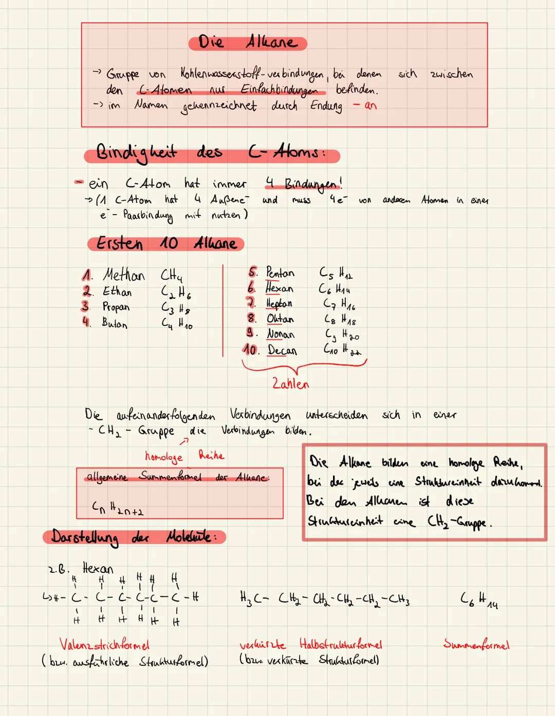 Datum:
Thema: Die homologe Reihe der Alkane
Alkan
Aufgabe: Ergänze die Tabelle für die ersten zehn Vertreter der homologen Reihe der Alkane.