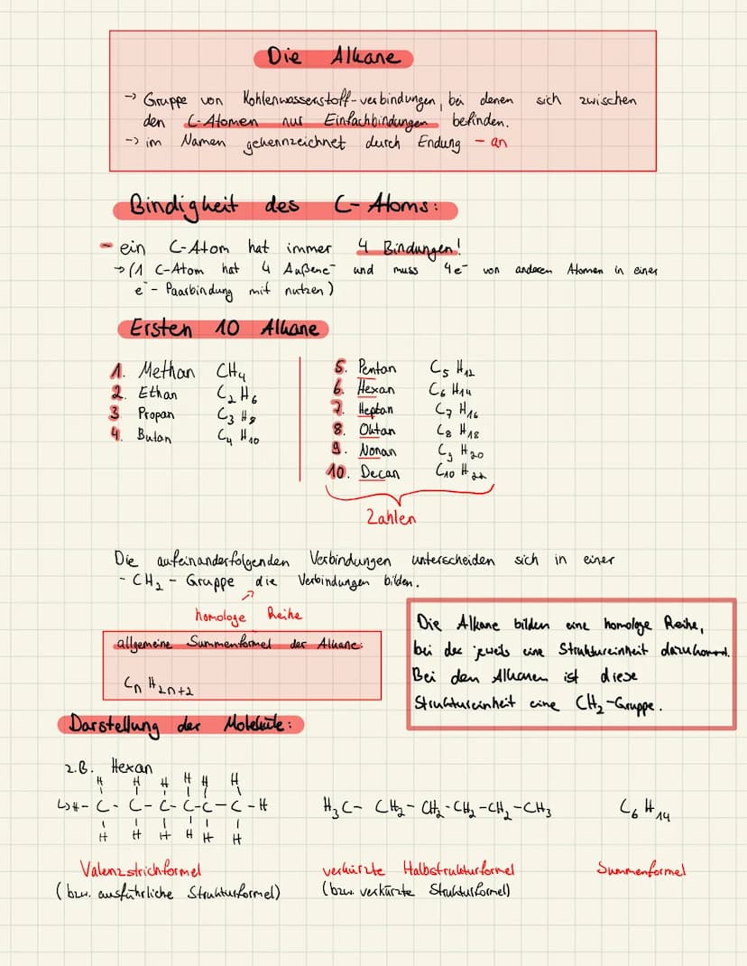 Datum:
Thema: Die homologe Reihe der Alkane
Alkan
Aufgabe: Ergänze die Tabelle für die ersten zehn Vertreter der homologen Reihe der Alkane.