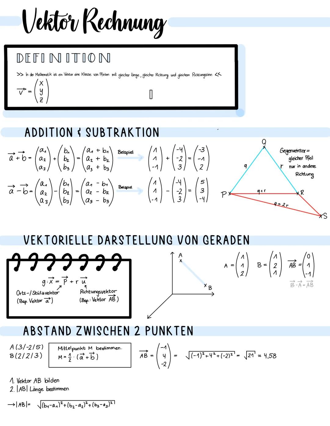 Vektor Rechnung
DEFINITION
>> In der Mathematik ist ein Vektor eine Klasse von Pfeilen mit gleicher länge, gleicher Richtung und gleichem Ri