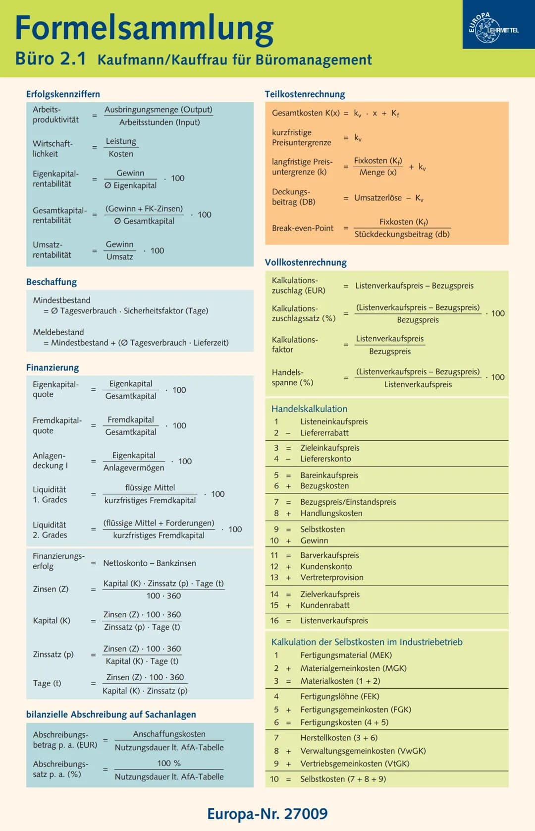 Formelsammlung
Büro 2.1 Kaufmann/Kauffrau für Büromanagement
Erfolgskennziffern
Arbeits-
produktivität
Wirtschaft-
lichkeit
Eigenkapital-
re
