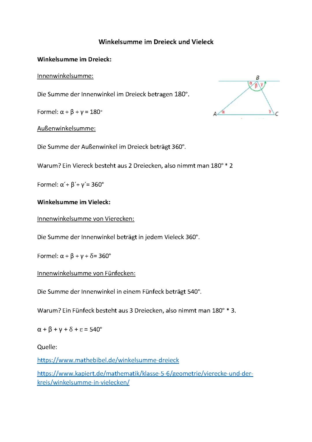 Winkelsumme im Dreieck, Viereck und Vieleck - Einfache Erklärungen und Aufgaben