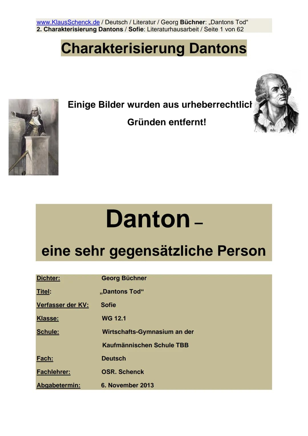 www.KlausSchenck.de / Deutsch / Literatur / Georg Büchner: „Dantons Tod"
2. Charakterisierung Dantons / Sofie: Literaturhausarbeit / Seite 1