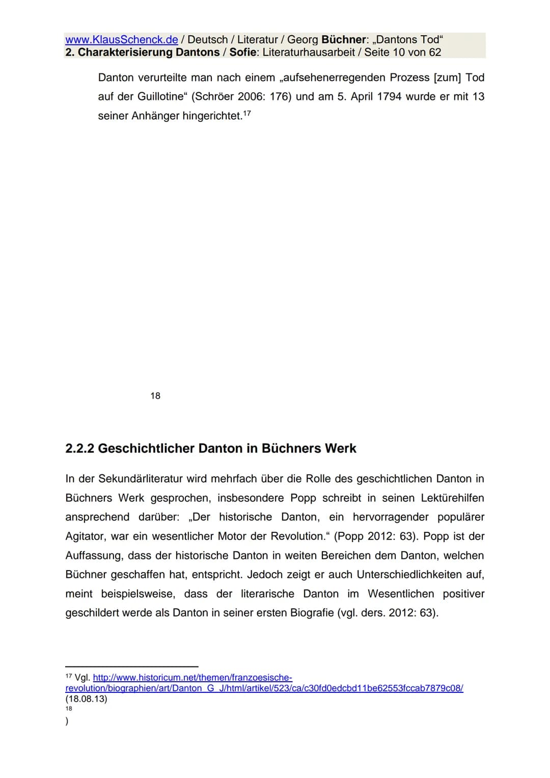 www.KlausSchenck.de / Deutsch / Literatur / Georg Büchner: „Dantons Tod"
2. Charakterisierung Dantons / Sofie: Literaturhausarbeit / Seite 1