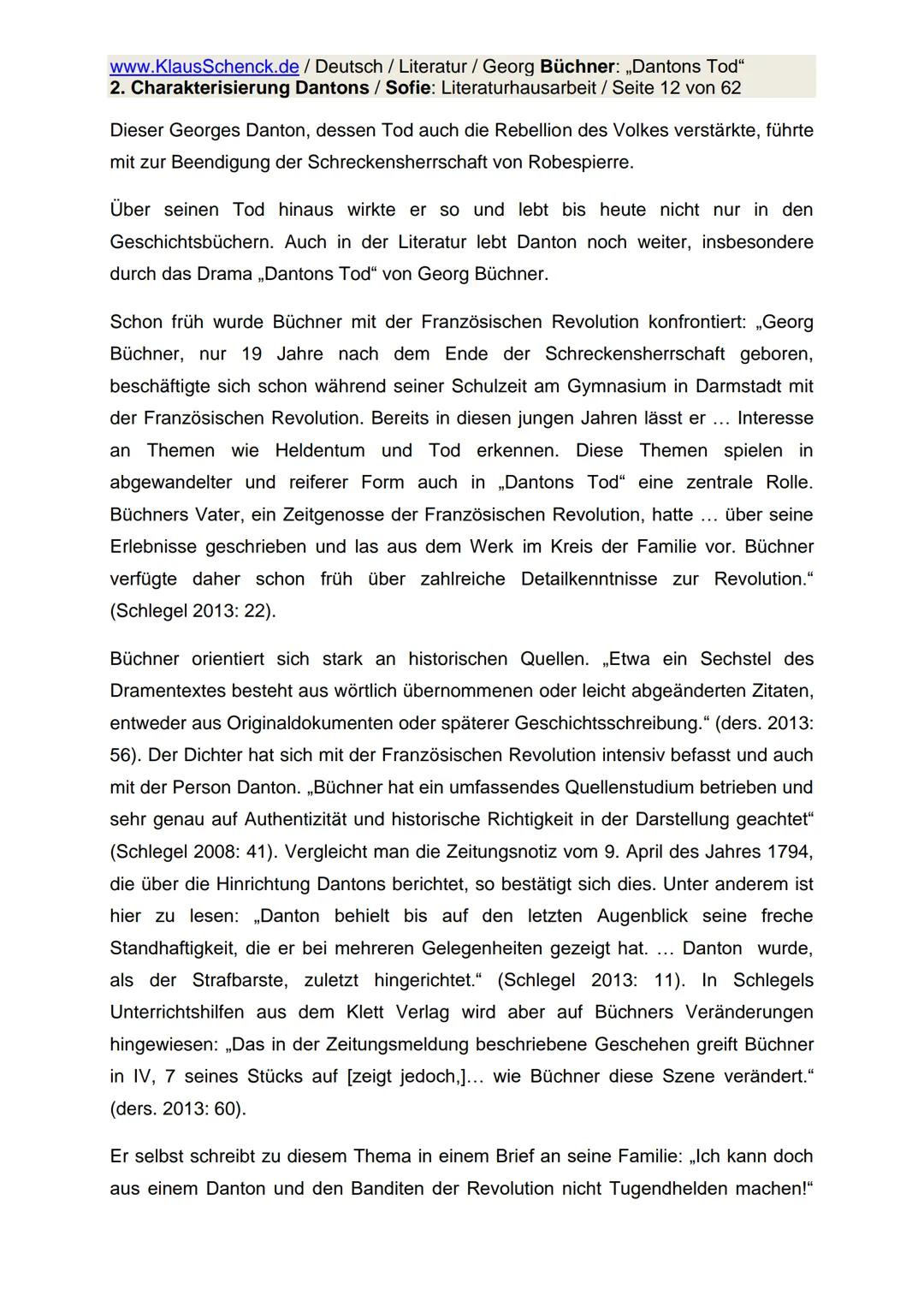 www.KlausSchenck.de / Deutsch / Literatur / Georg Büchner: „Dantons Tod"
2. Charakterisierung Dantons / Sofie: Literaturhausarbeit / Seite 1