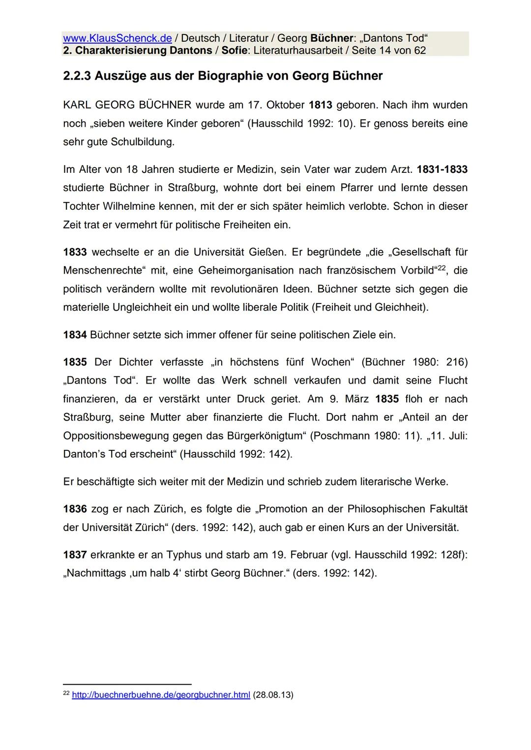 www.KlausSchenck.de / Deutsch / Literatur / Georg Büchner: „Dantons Tod"
2. Charakterisierung Dantons / Sofie: Literaturhausarbeit / Seite 1