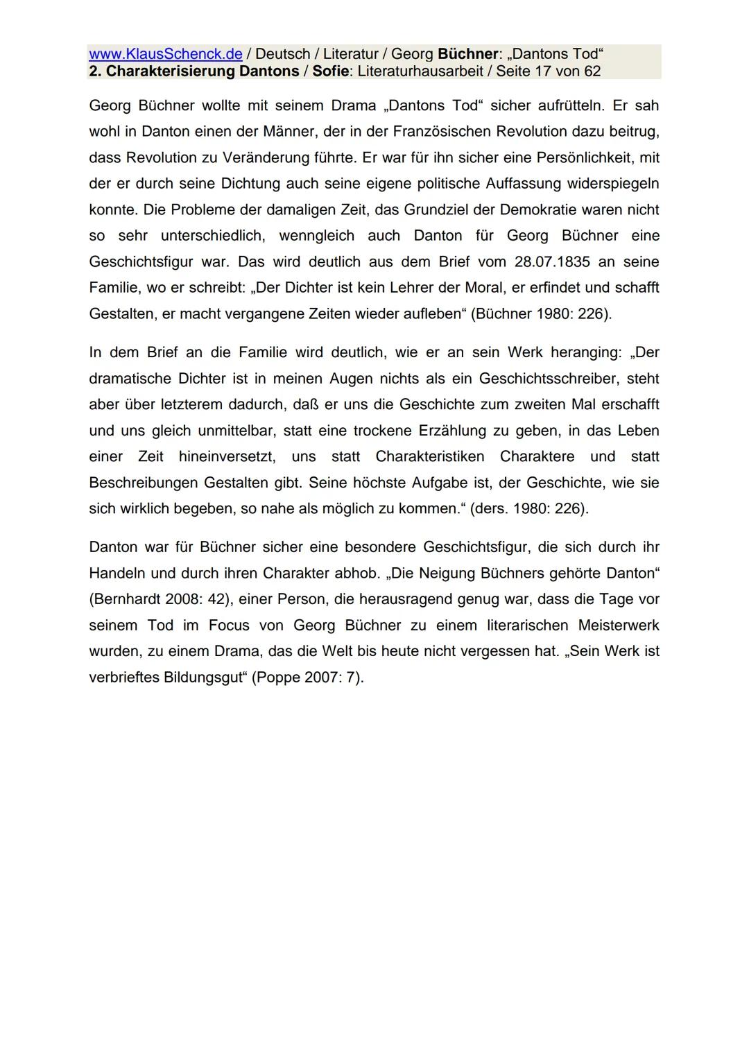 www.KlausSchenck.de / Deutsch / Literatur / Georg Büchner: „Dantons Tod"
2. Charakterisierung Dantons / Sofie: Literaturhausarbeit / Seite 1