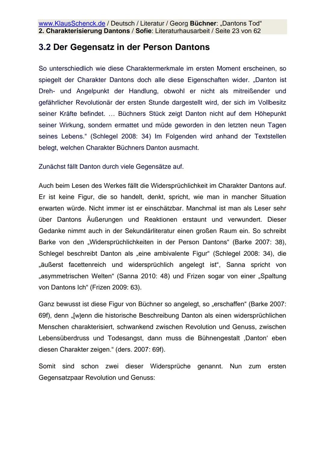 www.KlausSchenck.de / Deutsch / Literatur / Georg Büchner: „Dantons Tod"
2. Charakterisierung Dantons / Sofie: Literaturhausarbeit / Seite 1