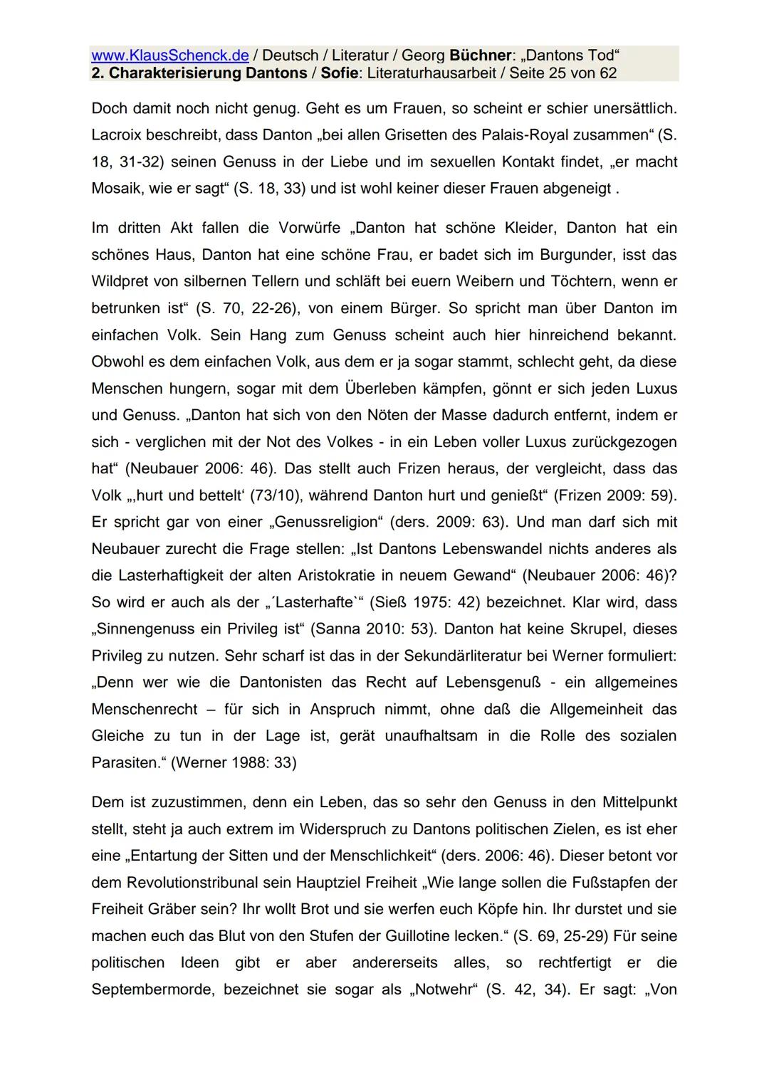 www.KlausSchenck.de / Deutsch / Literatur / Georg Büchner: „Dantons Tod"
2. Charakterisierung Dantons / Sofie: Literaturhausarbeit / Seite 1