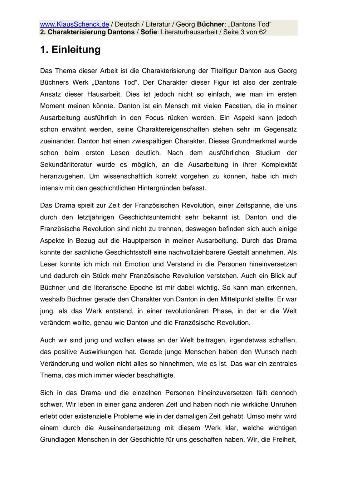 www.KlausSchenck.de / Deutsch / Literatur / Georg Büchner: „Dantons Tod"
2. Charakterisierung Dantons / Sofie: Literaturhausarbeit / Seite 1