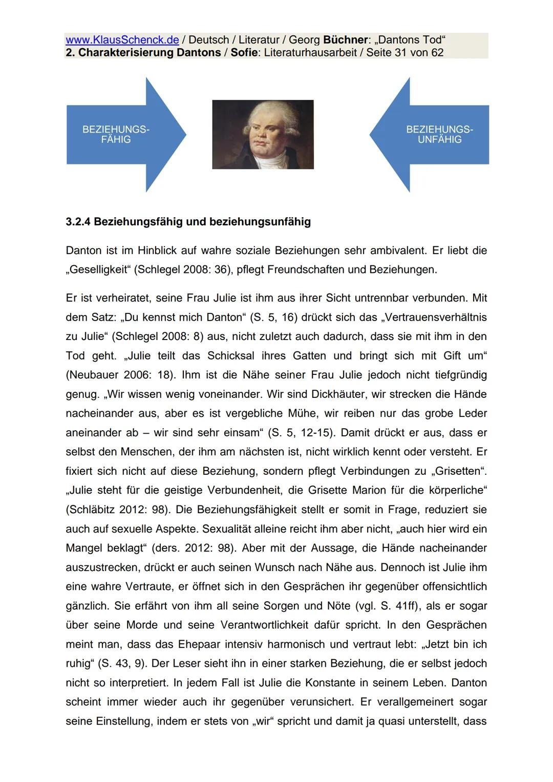 www.KlausSchenck.de / Deutsch / Literatur / Georg Büchner: „Dantons Tod"
2. Charakterisierung Dantons / Sofie: Literaturhausarbeit / Seite 1