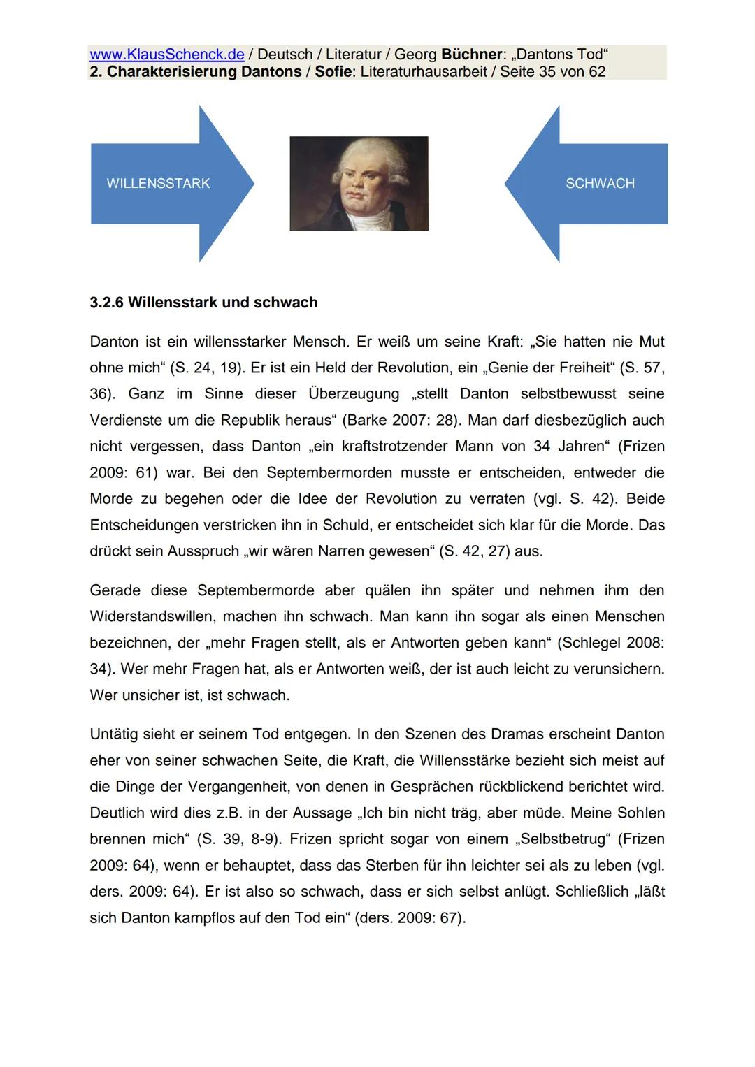 www.KlausSchenck.de / Deutsch / Literatur / Georg Büchner: „Dantons Tod"
2. Charakterisierung Dantons / Sofie: Literaturhausarbeit / Seite 1