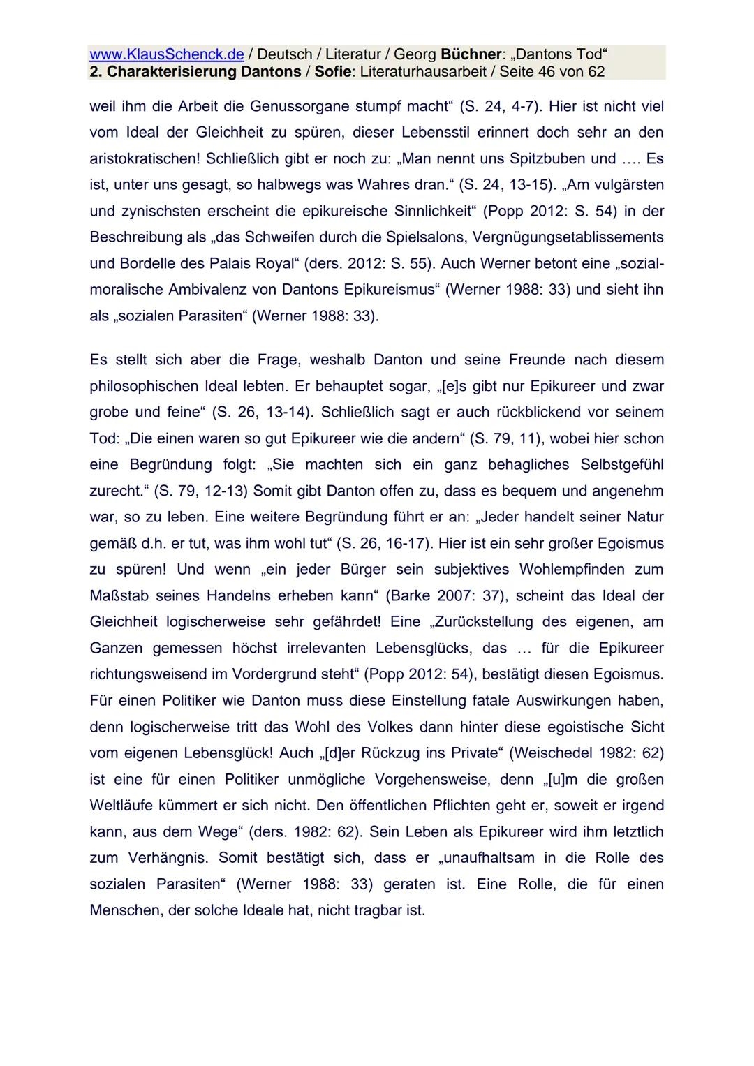 www.KlausSchenck.de / Deutsch / Literatur / Georg Büchner: „Dantons Tod"
2. Charakterisierung Dantons / Sofie: Literaturhausarbeit / Seite 1