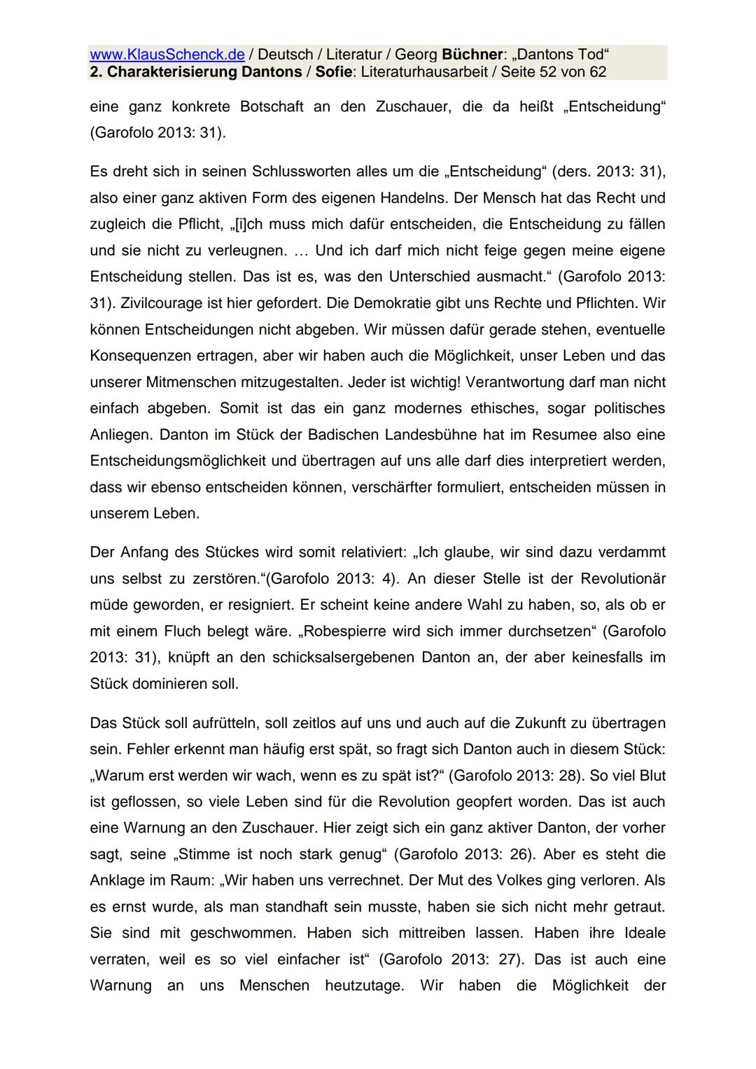 www.KlausSchenck.de / Deutsch / Literatur / Georg Büchner: „Dantons Tod"
2. Charakterisierung Dantons / Sofie: Literaturhausarbeit / Seite 1