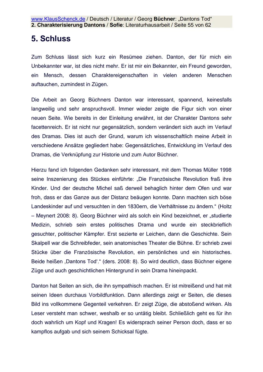 www.KlausSchenck.de / Deutsch / Literatur / Georg Büchner: „Dantons Tod"
2. Charakterisierung Dantons / Sofie: Literaturhausarbeit / Seite 1