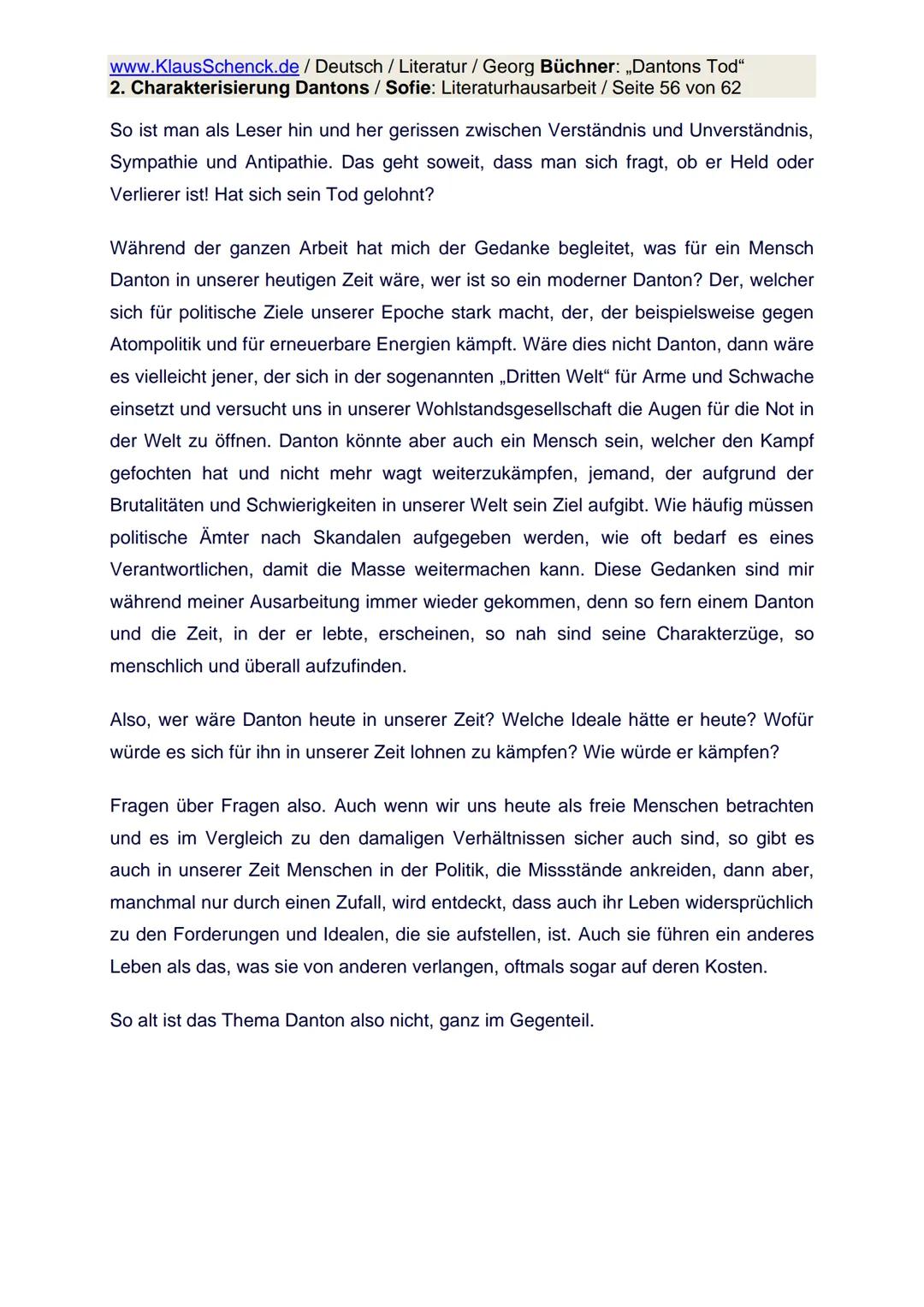 www.KlausSchenck.de / Deutsch / Literatur / Georg Büchner: „Dantons Tod"
2. Charakterisierung Dantons / Sofie: Literaturhausarbeit / Seite 1