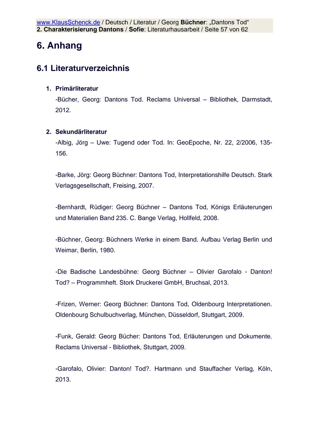 www.KlausSchenck.de / Deutsch / Literatur / Georg Büchner: „Dantons Tod"
2. Charakterisierung Dantons / Sofie: Literaturhausarbeit / Seite 1