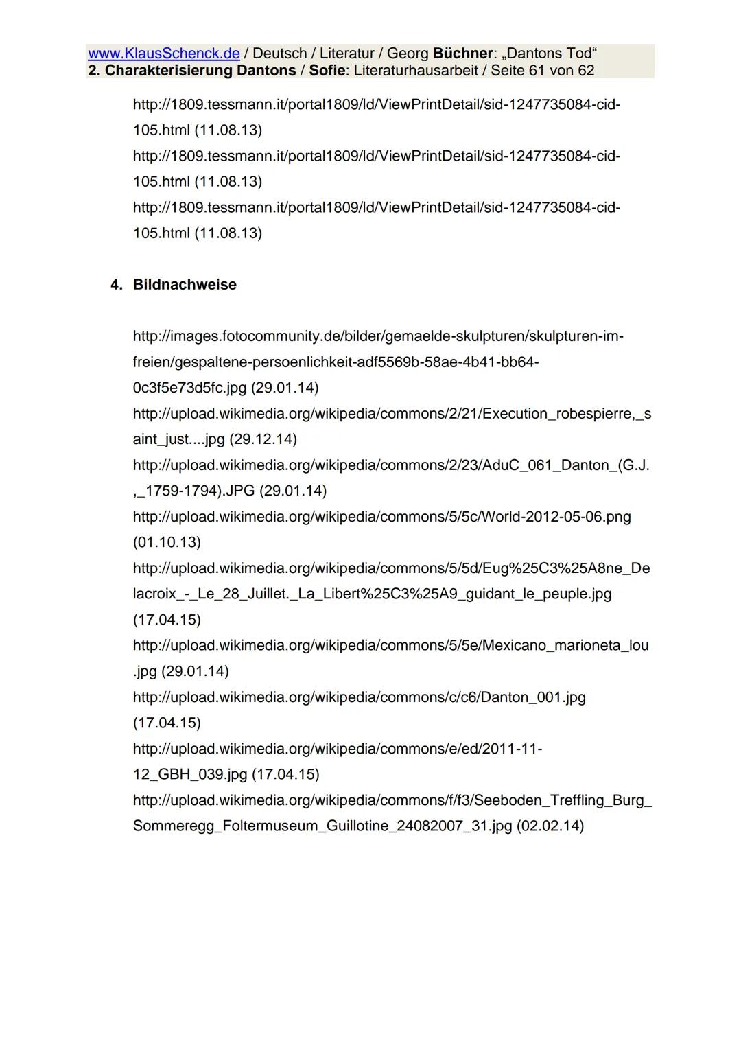 www.KlausSchenck.de / Deutsch / Literatur / Georg Büchner: „Dantons Tod"
2. Charakterisierung Dantons / Sofie: Literaturhausarbeit / Seite 1