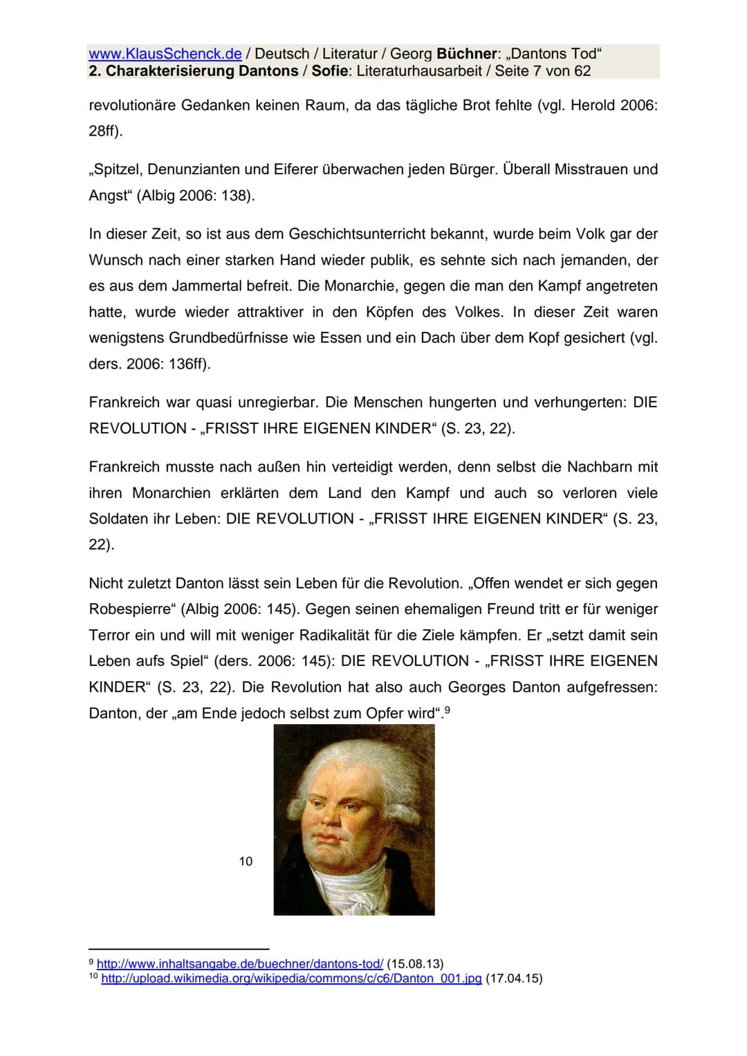 www.KlausSchenck.de / Deutsch / Literatur / Georg Büchner: „Dantons Tod"
2. Charakterisierung Dantons / Sofie: Literaturhausarbeit / Seite 1