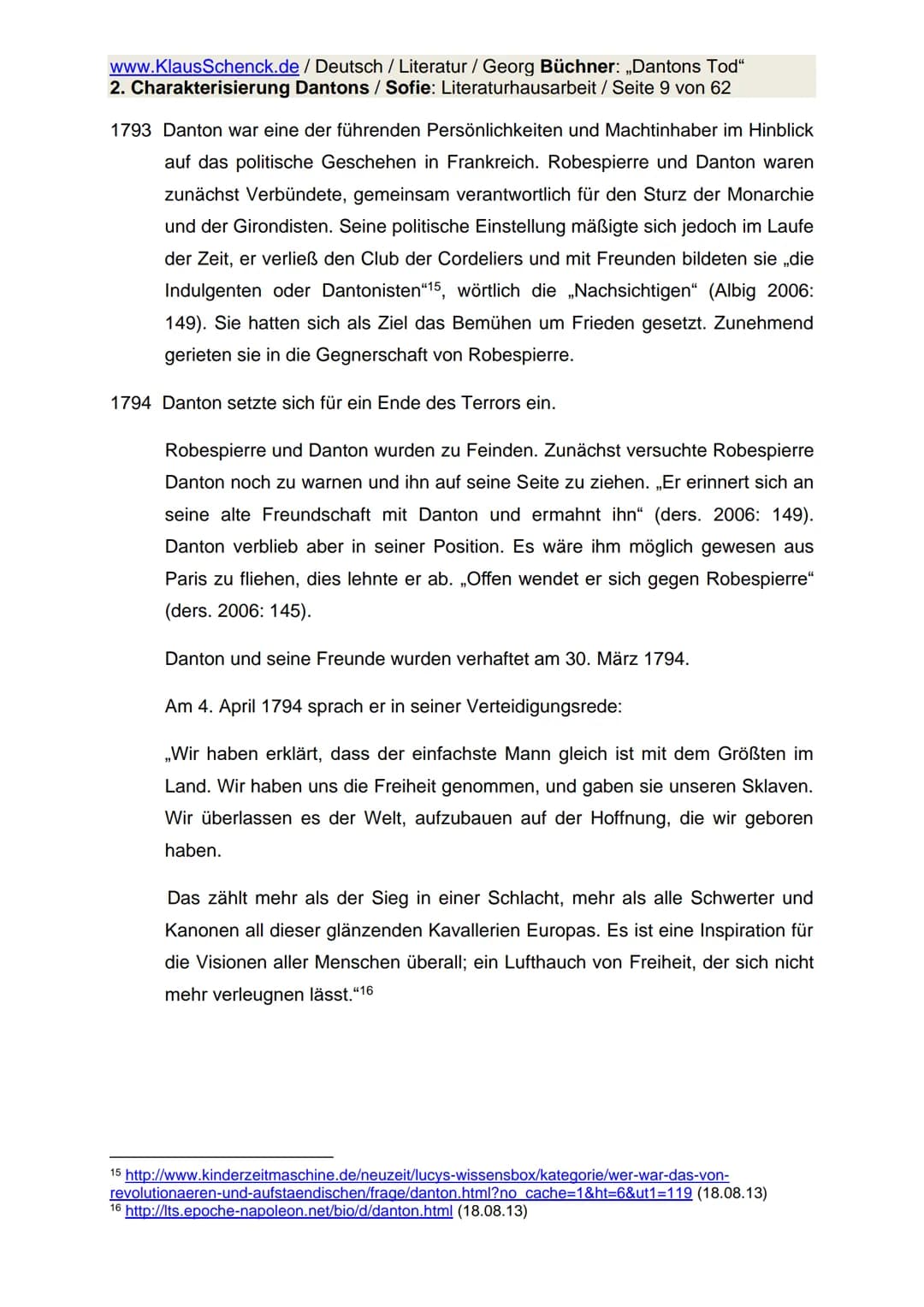 www.KlausSchenck.de / Deutsch / Literatur / Georg Büchner: „Dantons Tod"
2. Charakterisierung Dantons / Sofie: Literaturhausarbeit / Seite 1