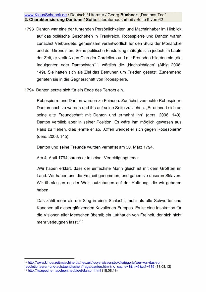 www.KlausSchenck.de / Deutsch / Literatur / Georg Büchner: „Dantons Tod"
2. Charakterisierung Dantons / Sofie: Literaturhausarbeit / Seite 1
