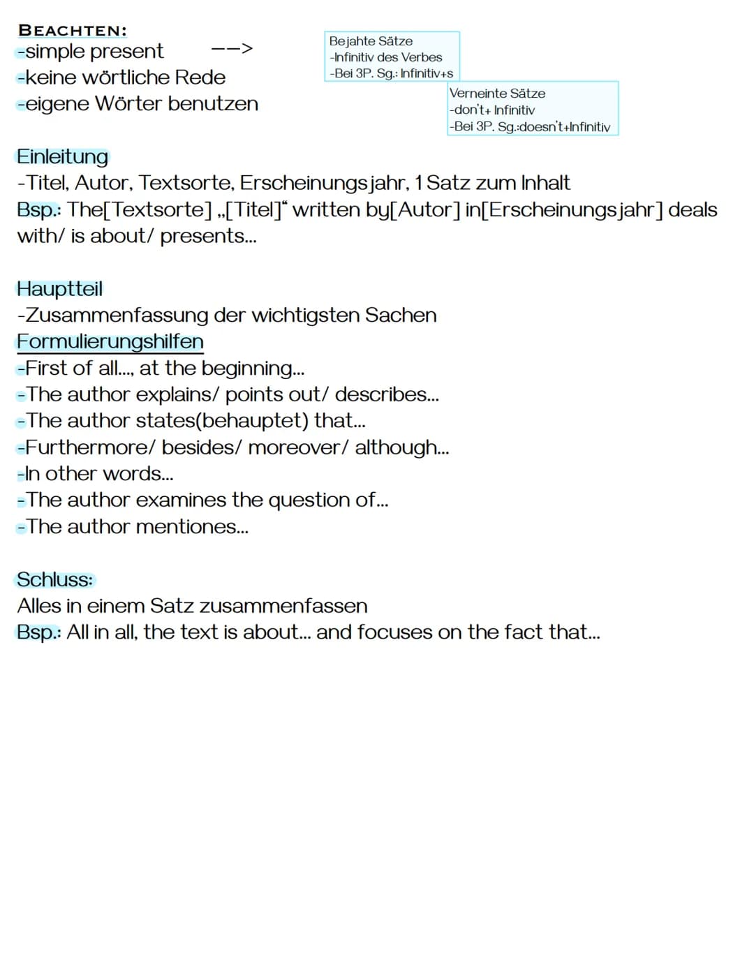 OOD
DOOD
0000
0000
0000
0000
0000
Englisch
SUMMARY BEACHTEN:
-simple present
-keine wörtliche Rede
-eigene Wörter benutzen
Bejahte Sätze
-In