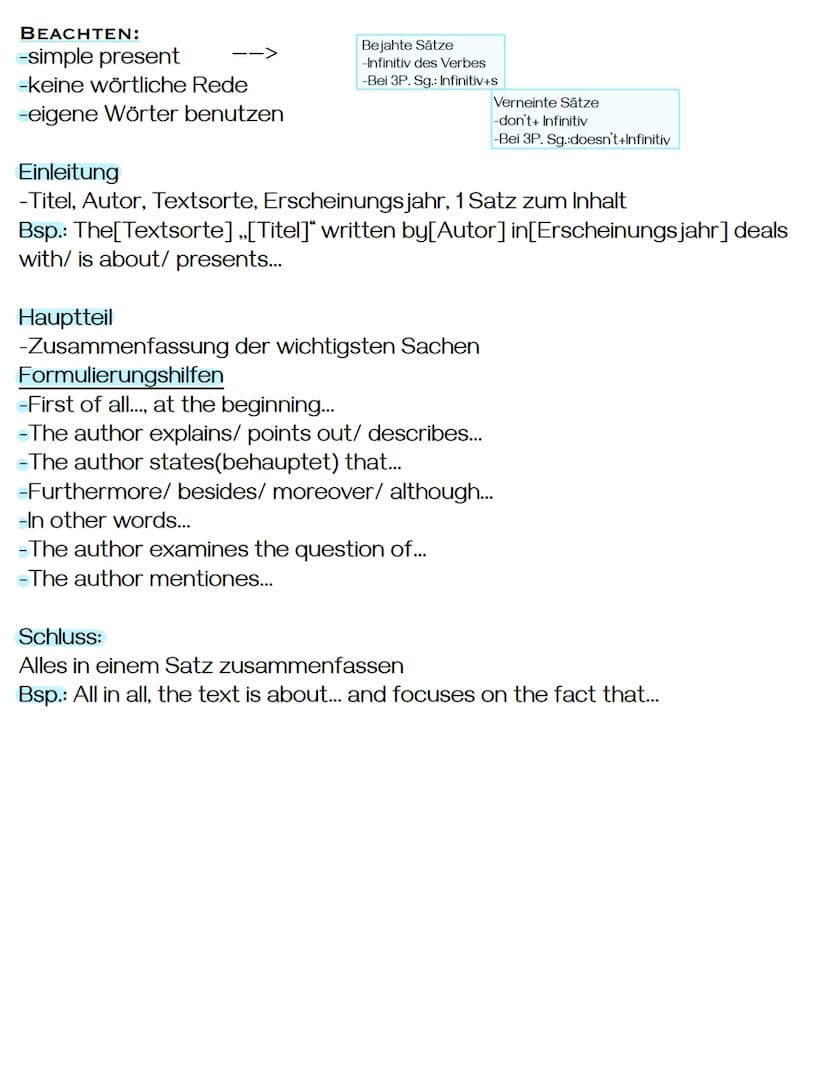 OOD
DOOD
0000
0000
0000
0000
0000
Englisch
SUMMARY BEACHTEN:
-simple present
-keine wörtliche Rede
-eigene Wörter benutzen
Bejahte Sätze
-In