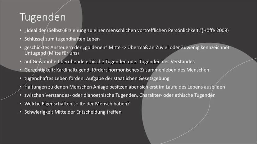 Tugendethik
Eine Präsentation von Jamee R. Gliederung
• 1. Was ist Tugend?
2. Aristoteles
●
●
2.1. Steckbrief
2.2. Philosophie
2.3. Auffassu