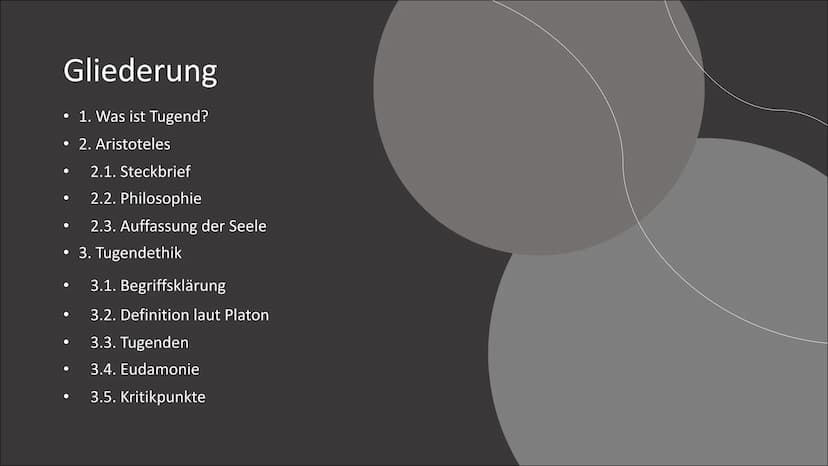 Tugendethik
Eine Präsentation von Jamee R. Gliederung
• 1. Was ist Tugend?
2. Aristoteles
●
●
2.1. Steckbrief
2.2. Philosophie
2.3. Auffassu