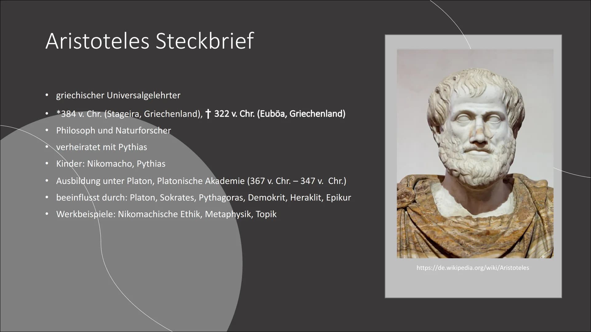 Tugendethik
Eine Präsentation von Jamee R. Gliederung
• 1. Was ist Tugend?
2. Aristoteles
●
●
2.1. Steckbrief
2.2. Philosophie
2.3. Auffassu