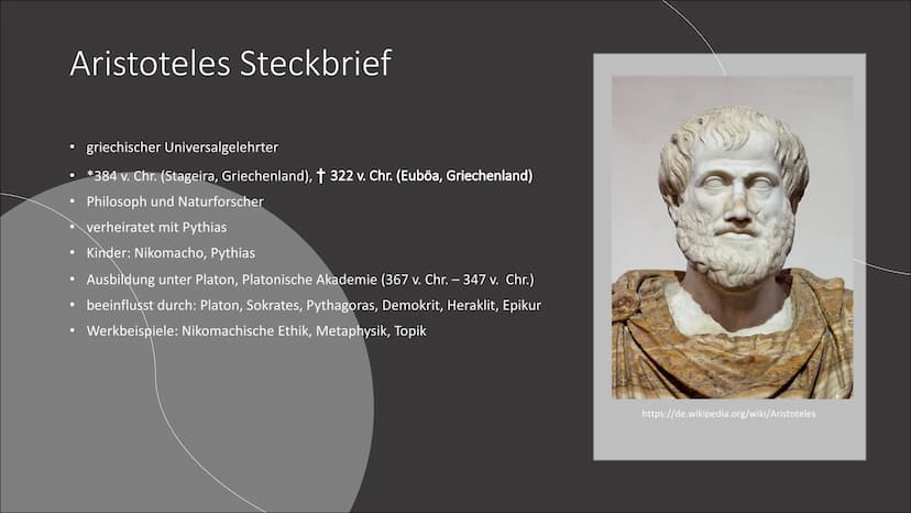 Tugendethik
Eine Präsentation von Jamee R. Gliederung
• 1. Was ist Tugend?
2. Aristoteles
●
●
2.1. Steckbrief
2.2. Philosophie
2.3. Auffassu