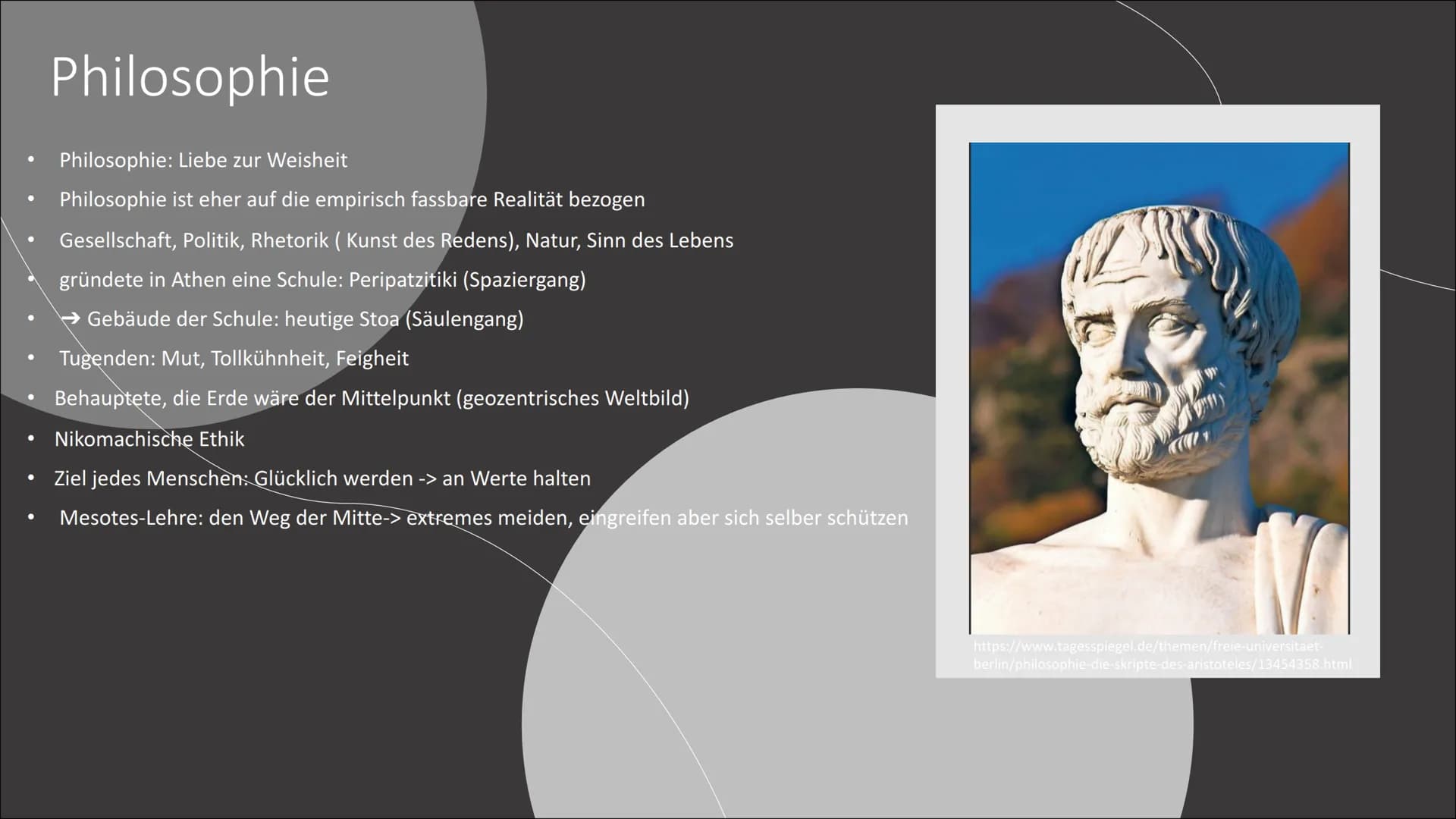 Tugendethik
Eine Präsentation von Jamee R. Gliederung
• 1. Was ist Tugend?
2. Aristoteles
●
●
2.1. Steckbrief
2.2. Philosophie
2.3. Auffassu