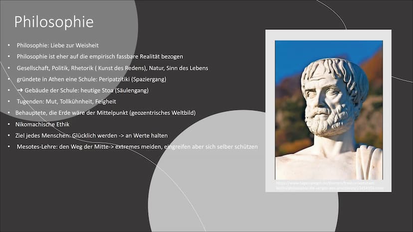 Tugendethik
Eine Präsentation von Jamee R. Gliederung
• 1. Was ist Tugend?
2. Aristoteles
●
●
2.1. Steckbrief
2.2. Philosophie
2.3. Auffassu