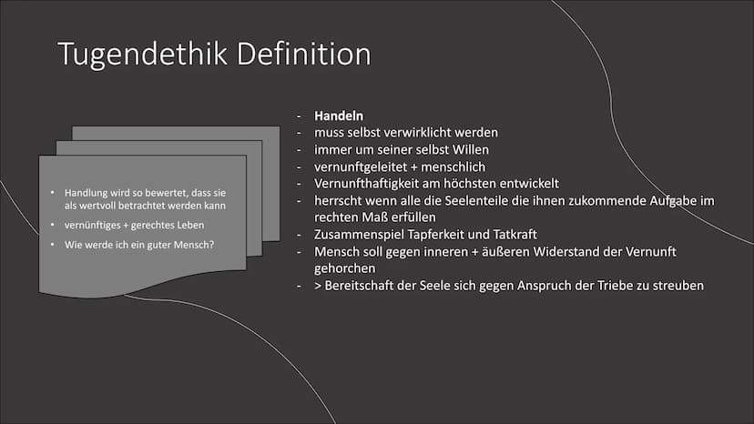 Tugendethik
Eine Präsentation von Jamee R. Gliederung
• 1. Was ist Tugend?
2. Aristoteles
●
●
2.1. Steckbrief
2.2. Philosophie
2.3. Auffassu