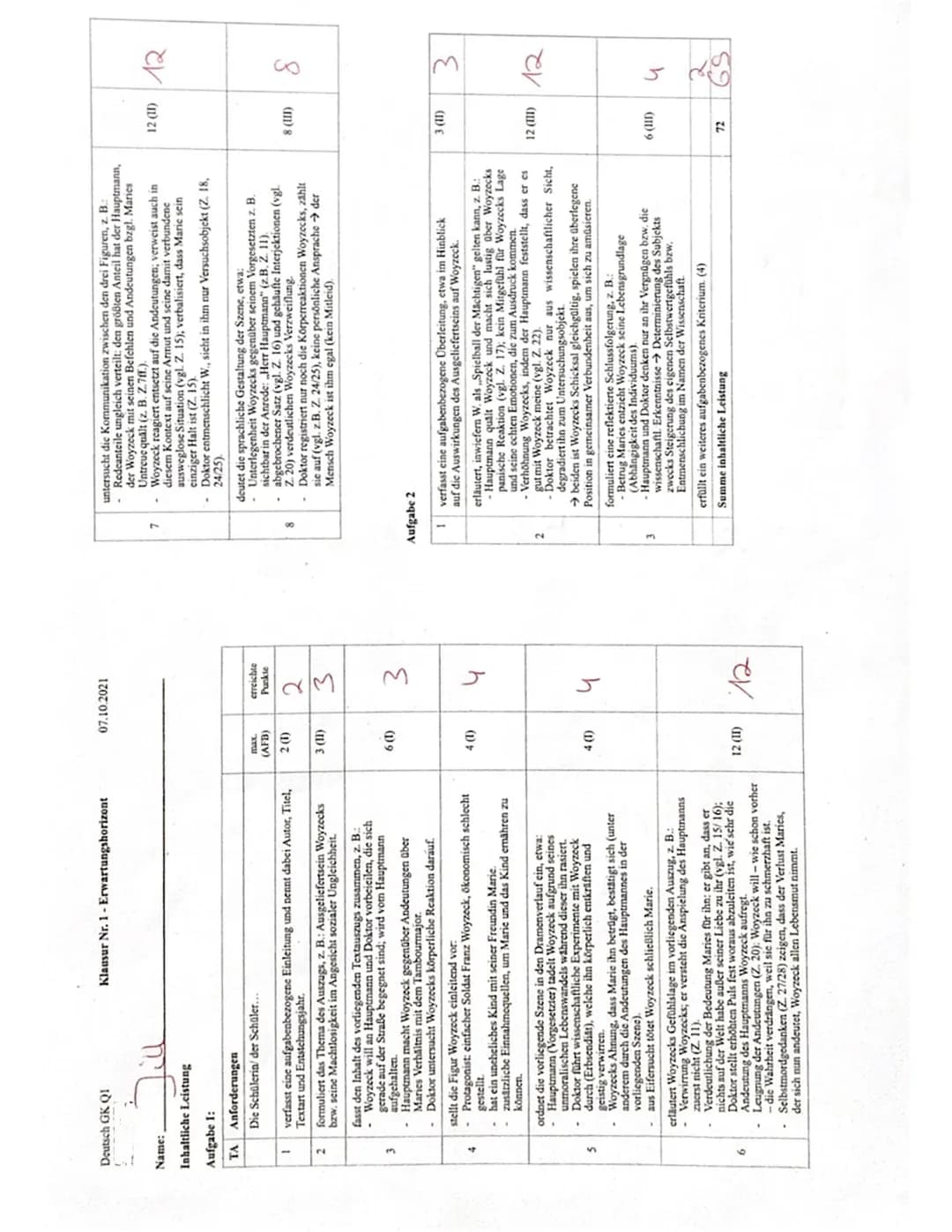 Grundkurs Deutsch
1. Klausur
Jill
Thema: Determiniertheit des Subjekts - Georg Büchners Drama ,,Woyzeck"
erschließen
•
Aufgabenstellung:
1) 