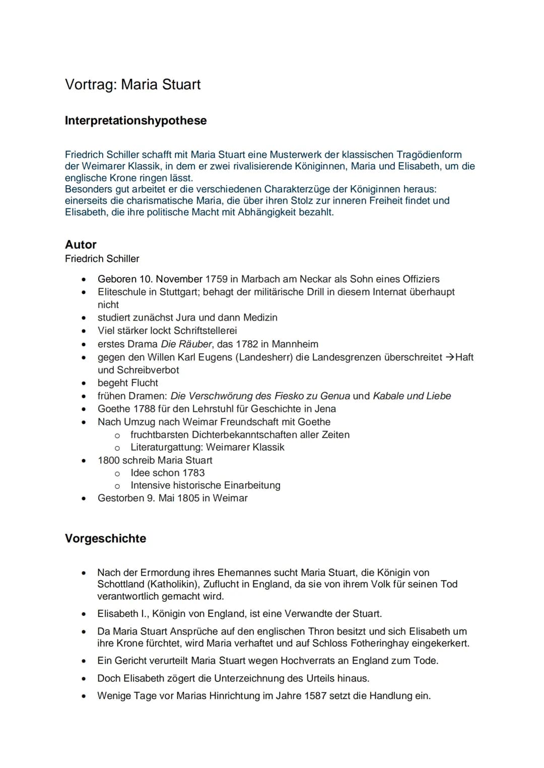 Vortrag: Maria Stuart
Interpretationshypothese
Friedrich Schiller schafft mit Maria Stuart eine Musterwerk der klassischen Tragödienform
der