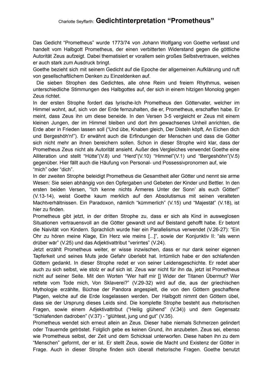 # Charlotte Seyffarth: Gedichtinterpretation "Prometheus"

Das Gedicht "Prometheus" wurde 1773/74 von Johann Wolfgang von Goethe verfasst un