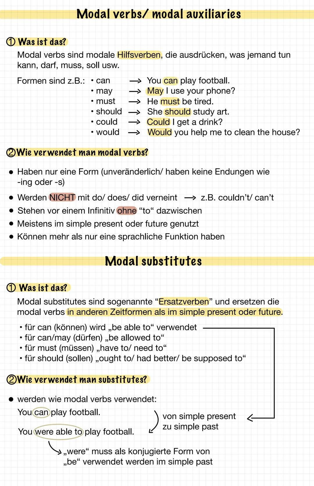 Modal verbs/ modal auxiliaries
Was ist das?
Modal verbs sind modale Hilfsverben, die ausdrücken, was jemand tun
kann, darf, muss, soll usw.
