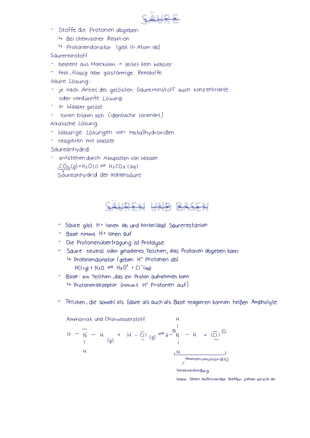 Stoffe die Protonen abgeben
↳Bei chemischer Reaktion
↳ Protonendonator (gibt I- Atom ab)
Säurereinstoff
besteht aus Molekülen → leitet kein 