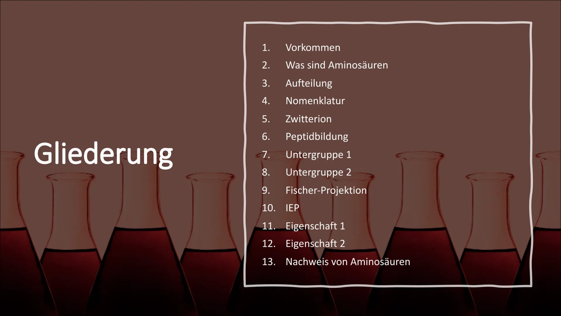 Aminosäuren
Grundlegender struktureller Aufbau Gliederung
Vorkommen
Was sind Aminosäuren
Aufteilung
Nomenklatur
Zwitterion
Peptidbildung
Unt