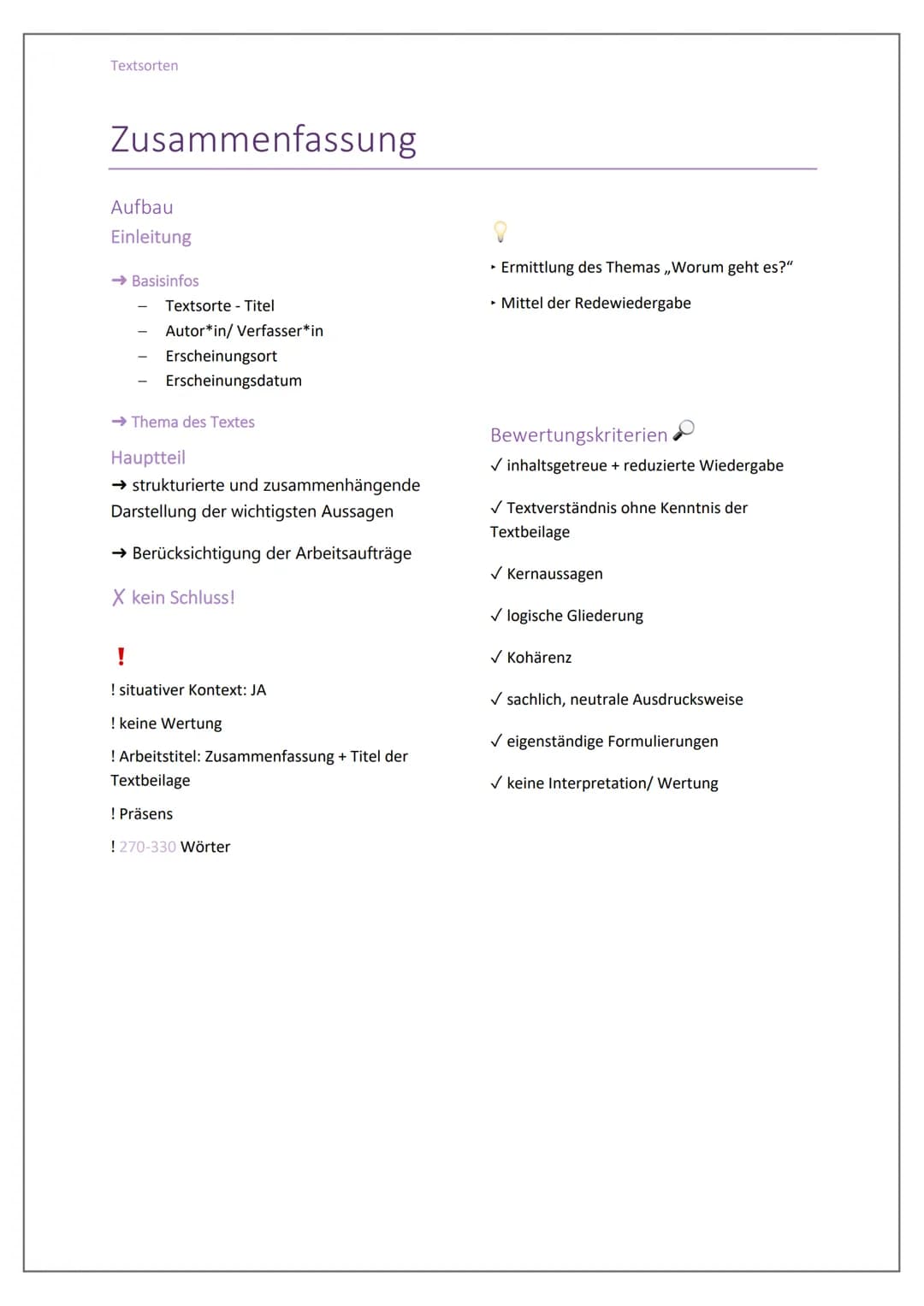 Textsorten
Zusammenfassung
Aufbau
Einleitung
→ Basisinfos
Textsorte - Titel
Autor*in/ Verfasser*in
Erscheinungsort
Erscheinungsdatum
→ Thema