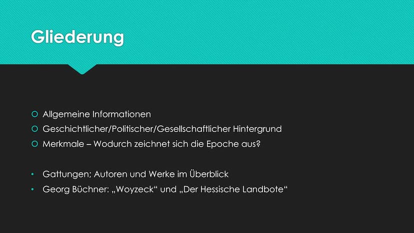 Die Literaturepoche des
Vormärz Gliederung
O Allgemeine Informationen
O Geschichtlicher/Politischer/Gesellschaftlicher Hintergrund
O Merkmal
