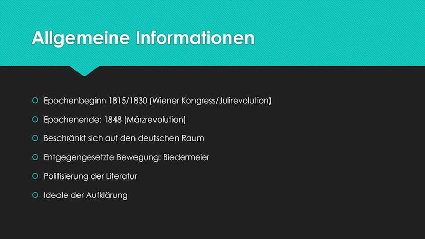 Die Literaturepoche des
Vormärz Gliederung
O Allgemeine Informationen
O Geschichtlicher/Politischer/Gesellschaftlicher Hintergrund
O Merkmal