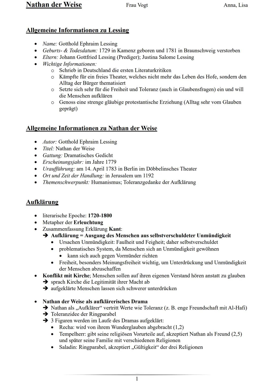 # Nathan der Weise

Frau Vogt

Anna, Lisa

## Allgemeine Informationen zu Lessing

*   Name: Gotthold Ephraim Lessing
*   Geburts- & Todesda