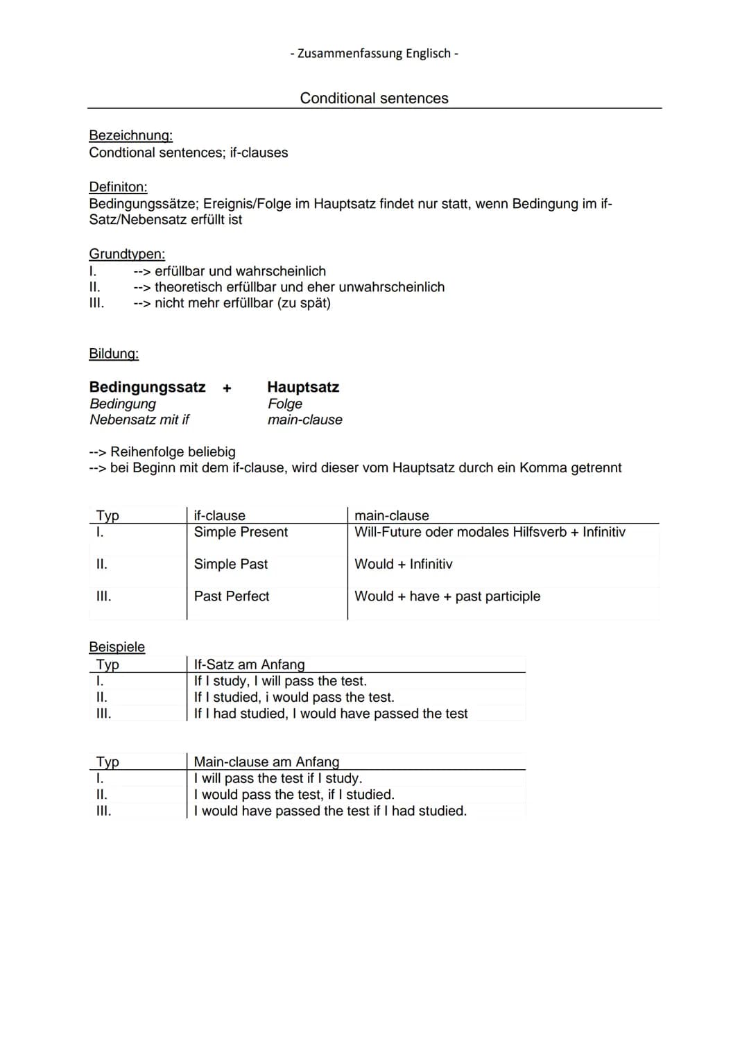 Bezeichnung:
Condtional sentences; if-clauses
Grundtypen:
Definiton:
Bedingungssätze; Ereignis/Folge im Hauptsatz findet nur statt, wenn Bed