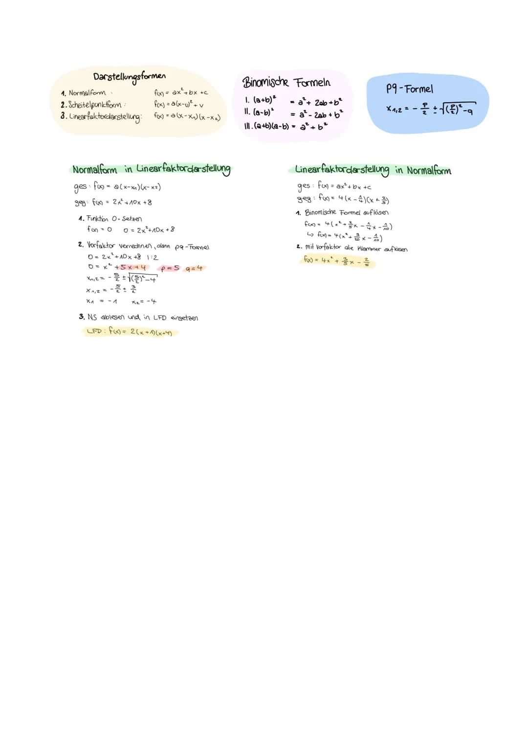 Darstellungsformen
1. Normalform
f(x) = ax²+bx+c
2. Scheitelpunktform
f(x) = a (x-u)² + v
3. Linearfaktordarstellung: f(x) = a (x-x₁)(x-x₂)
