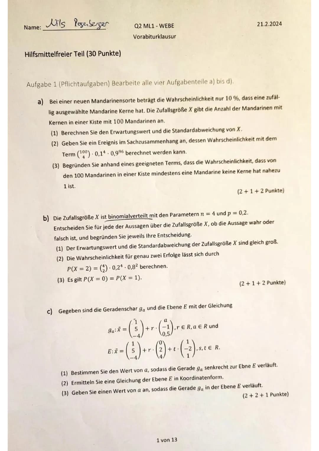 Q2.2-Mathe LK-Vorabiturklausur-Vektorgeometire und Stochastik-13Punkte