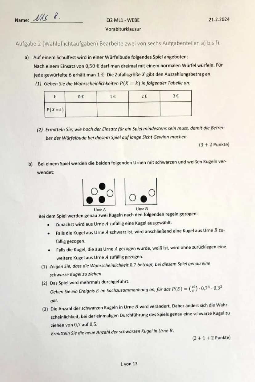 Name:
Nils Rosenberger
Q2 ML1-WEBE
Vorabiturklausur
21.2.2024
Hilfsmittelfreier Teil (30 Punkte)
Aufgabe 1 (Pflichtaufgaben) Bearbeite alle 