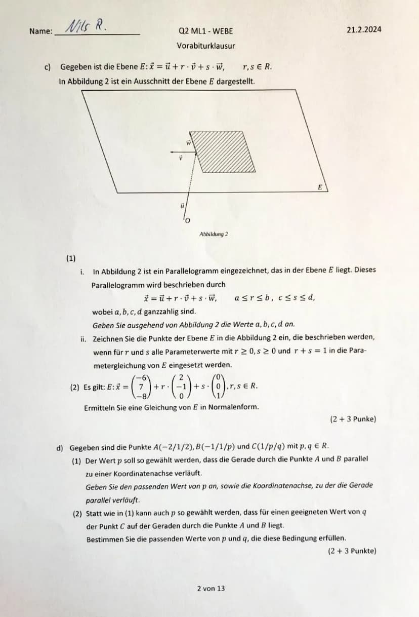 Name:
Nils Rosenberger
Q2 ML1-WEBE
Vorabiturklausur
21.2.2024
Hilfsmittelfreier Teil (30 Punkte)
Aufgabe 1 (Pflichtaufgaben) Bearbeite alle 