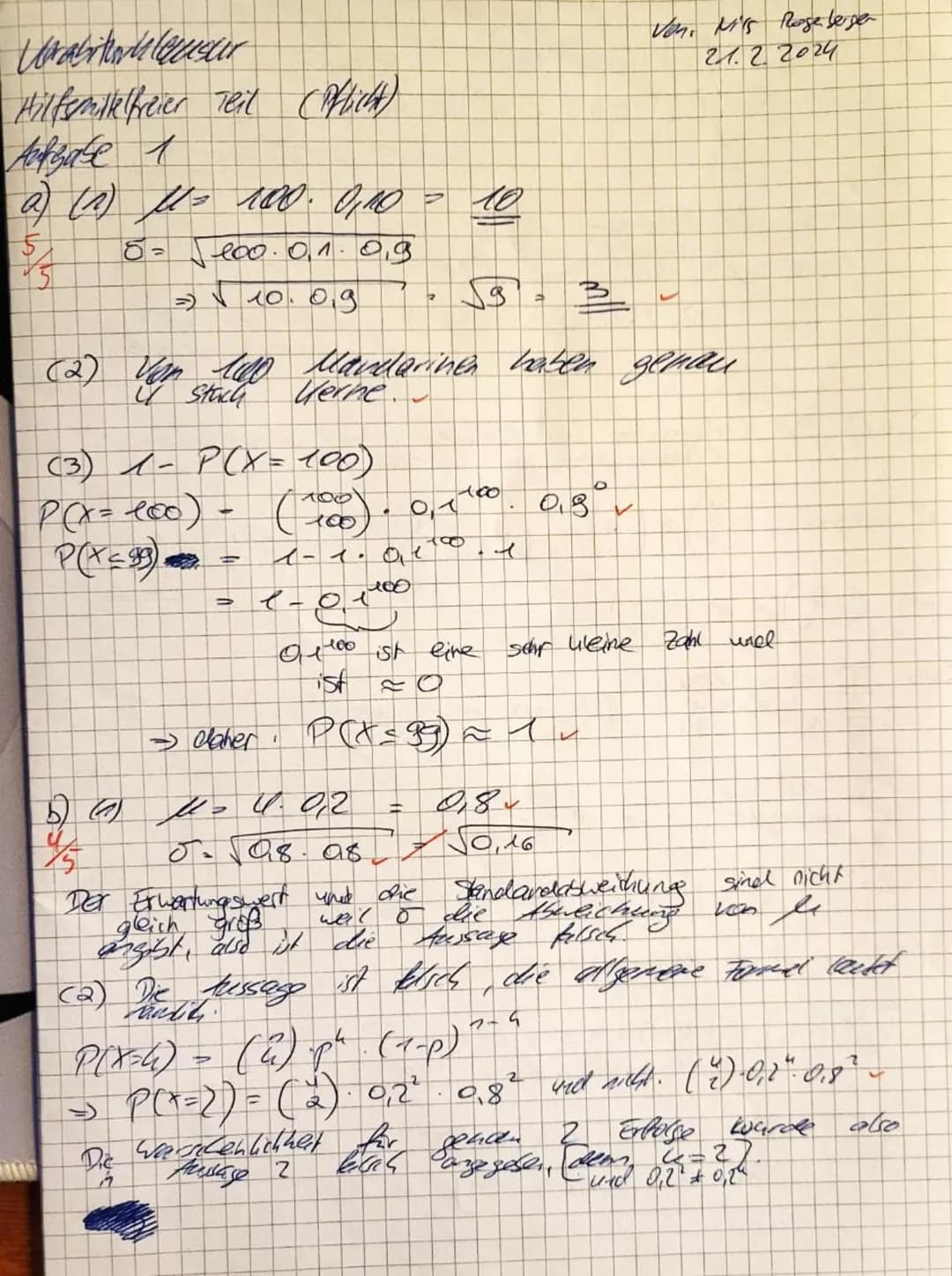 Name:
Nils Rosenberger
Q2 ML1-WEBE
Vorabiturklausur
21.2.2024
Hilfsmittelfreier Teil (30 Punkte)
Aufgabe 1 (Pflichtaufgaben) Bearbeite alle 