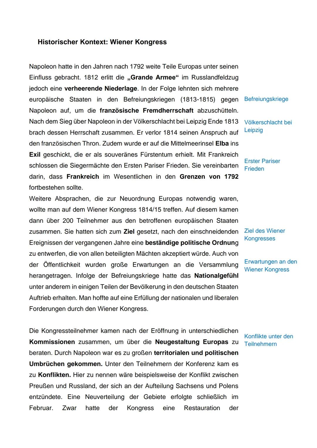 Historischer Kontext: Wiener Kongress
Napoleon hatte in den Jahren nach 1792 weite Teile Europas unter seinen
Einfluss gebracht. 1812 erlitt